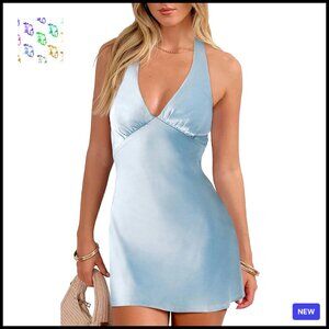 Satin Halter Mini Dress Elegant Backless Tie Back Formal Evening Wear